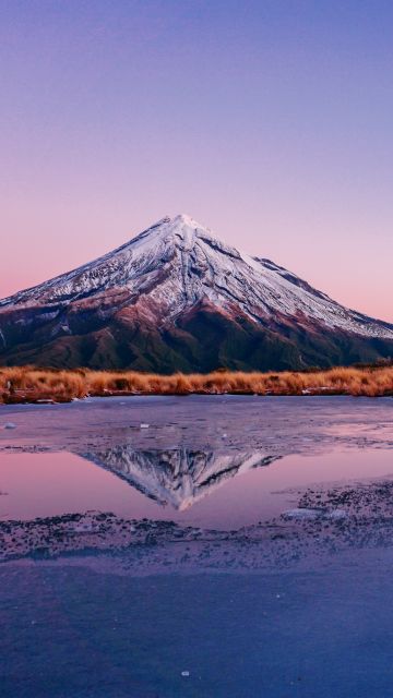 Mount Taranaki, New Zealand, Snow covered, Frozen lake, Reflection, Mountain Peak, Landscape, Scenery, Clear sky, Dusk, 5K
