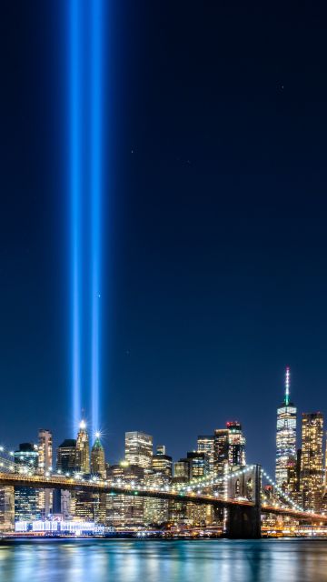 911 Memorial, Tribute in Light, September 11, Spotlight, Night time, Cityscape, Bridge, City lights, 5K