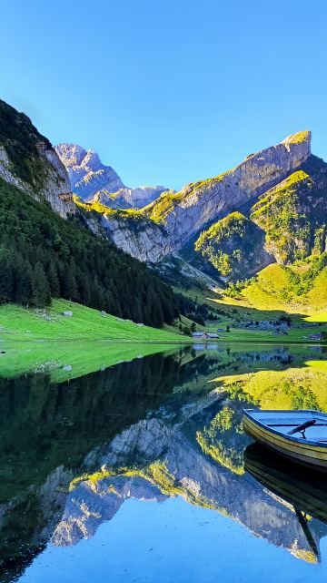 Seealpsee lake, Switzerland, Rowing boat, Mirror Lake, Mountain Peak, Reflection, Blue Sky, Lakeside, Landscape, Scenery, Early Morning, 5K