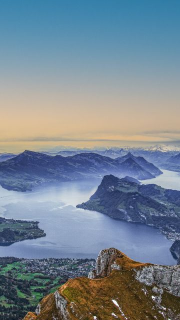 Lake Lucerne, Swiss Alps, Switzerland, Aerial view, Mountain range, Horizon, Snow covered, Landscape, 5K
