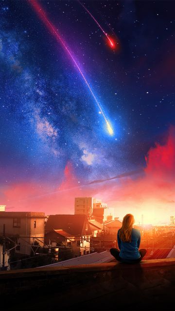 Alone, Woman, Girl, Falling stars, Town, House, Milky Way, Dream, Surreal, Sunset, Calm, Shooting stars, Celestial