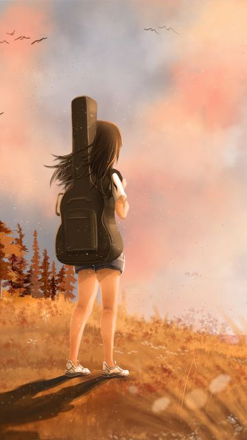 Autumn, Girl, Alone, Dream, Surreal, Digital paint, Sunset