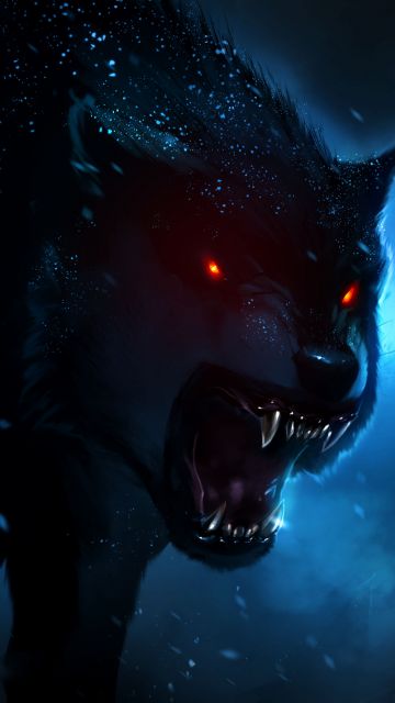 Black Wolf, Red eyes, Snowfall, Dark background, Night time, Hunter, Wild animal, Digital composition