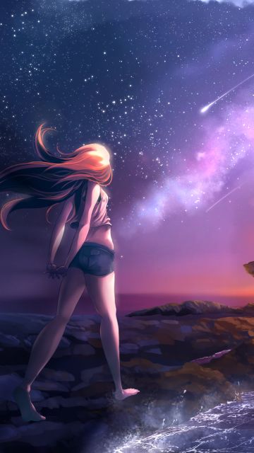 Anime girl, Beach, Arch, Sunset, Digital Art, Star Trails, Scenic