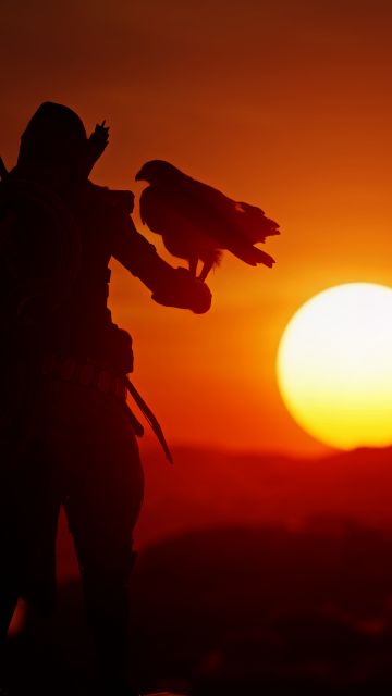 Assassin's Creed Origins, Sunset, Silhouette, Orange sky, Eagle, PlayStation 4 Xbox One, 2017 Games, PC Games, 5K