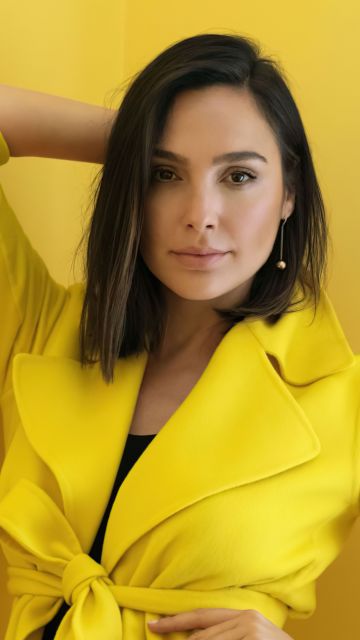 Gal Gadot, Actress, Portrait, Yellow background, 2021