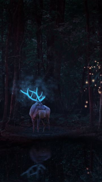 Stag, Deer, Forest Trees, Surreal, Dark background, Digital Art, 5K, Dark aesthetic
