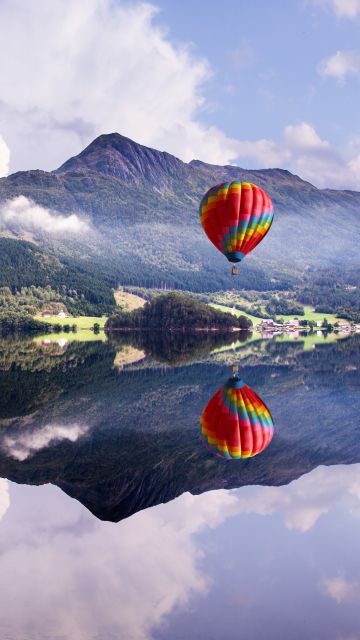 Hot air balloon, Mountain View, Lakeside, Reflection, Body of Water, Landscape, Scenery, 5K