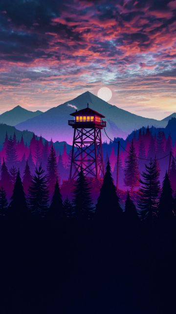 Firewatch, Mountains, Dusk, Sunset, Watchtower, Silhouette, Forest, Panorama