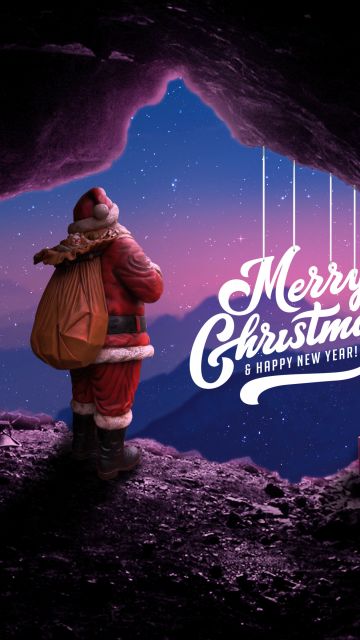Merry Christmas, Happy New Year, Santa Claus, Cave, Gifts, Surreal, Starry sky, Christmas Eve, Sunset, Stars, Navidad, Noel