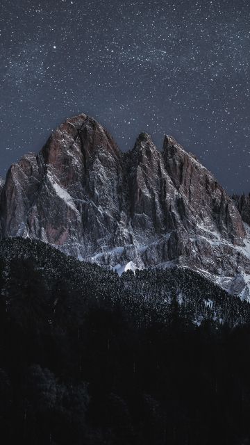Geissler Group, Odle Group, Mountain range, Starry sky, Glacier mountains, Mountain Peaks, Dolomites, Italy, Landscape, Night time, 5K