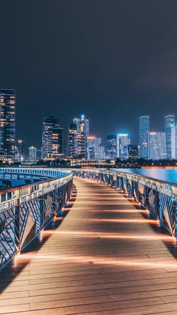 Shenzhen, Wooden pier, Shenzhen Bay, Cityscape, Skyline, Waterfront, Port, City lights, 5K