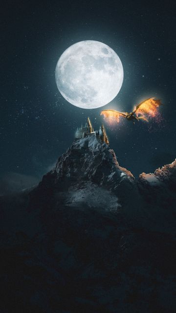 Castle, Dragon, Moon, Night