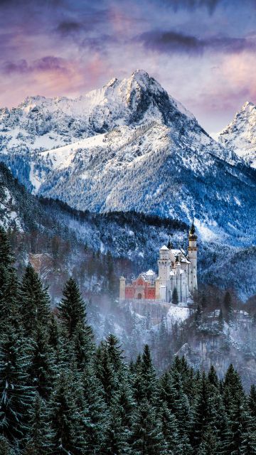 Neuschwanstein Castle, Winter Mountains, Morning, Snow covered, Ancient architecture, Schwangau, Germany, 5K