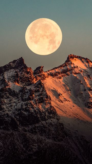 Full moon, Mountain Peak, Snow covered, Moon light, Iceland, Night, Landscape