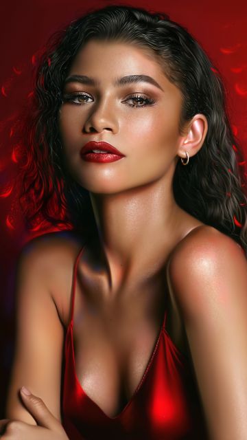 Zendaya, Digital Art, American actress, Portrait, Beautiful actress, Red background