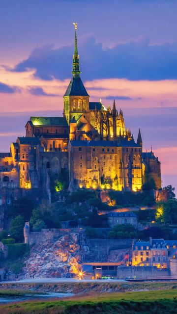 Abbey, Mont Saint-Michel, Normandy, France, Ancient architecture, Tourist attraction, Evening, Sunset, 5K