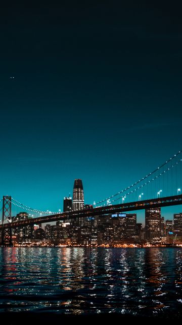 Brooklyn Bridge, Skyline, New York, Cityscape, Night time, City lights, Body of Water, Clear sky, Skyscrapers