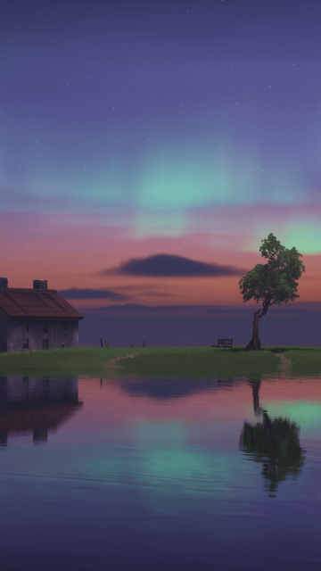 Island, Sunset, Twilight, Aurora Borealis, House, Lone tree, Evening sky, Reflections, Lake, Body of Water, 5K