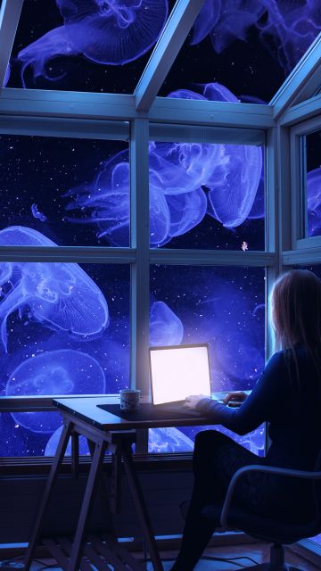 Jellyfishes, WFH, Aesthetic, Underwater, Woman, Working, Work from Home, Window, Laptop, Surreal, Desk, 3D background, Ocean