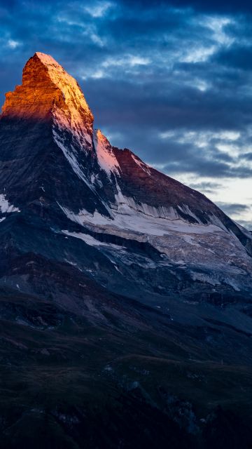 Matterhorn, Alpenglow, Switzerland, Alps mountains, Cloudy Sky, Landscape, 5K