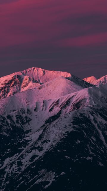 Mountains, Pink sky, Twilight, Sunset, Dusk, Snow covered, Evening, 5K