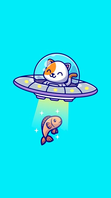 Cute Cat, Flying cat, UFO, Fish, Spaceship, Aqua blue, Aqua background, Minimal