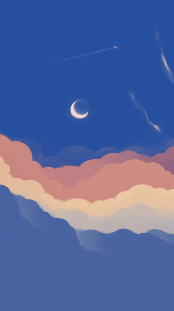 Blue Sky, Crescent Moon, Half moon, Clouds, Star Trails, 5K
