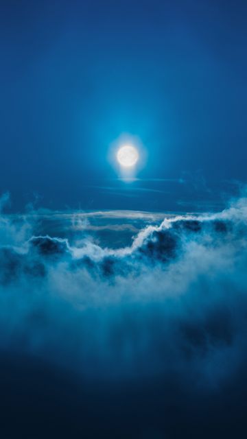 Moon, Above clouds, Night, Cold, Blue Sky, 5K