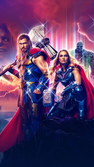 Thor: Love and Thunder, Movie poster, Chris Hemsworth as Thor, Natalie Portman as Jane Foster, Gorr the God Butcher, Korg, Tessa Thompson as Valkyrie, 2022 Movies, Marvel Comics
