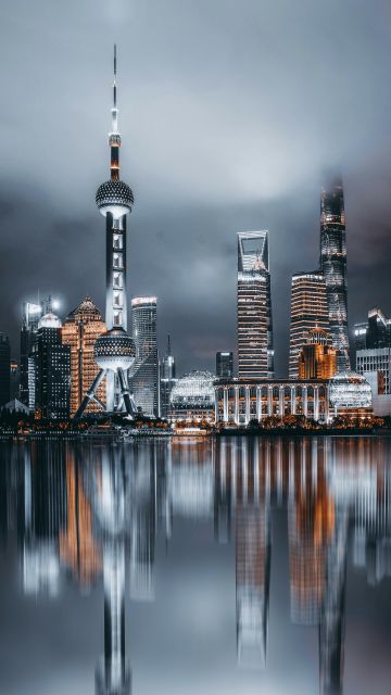 Shanghai City, Cityscape, Reflections, Night City, City lights, Aerial view, Skyscrapers, Dark Sky, 5K, 8K