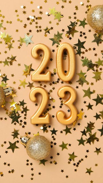 2023 New year, Happy New Year, Christmas decoration, Christmas background, Peach background, Glitter letters, Stars, 5K