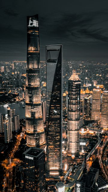 Shanghai City, Dark aesthetic, Cityscape, Night City, City lights, Aerial view, Skyscrapers, Dark Sky, 5K