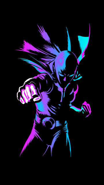 Saitama, Neon art, One Punch Man, Black background, AMOLED, 5K