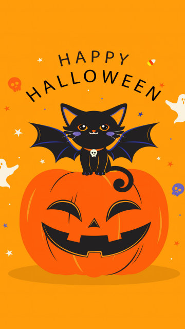 Happy Halloween, Yellow aesthetic, Halloween Bats, Halloween Pumpkin, Yellow background, 5K, Cute Halloween