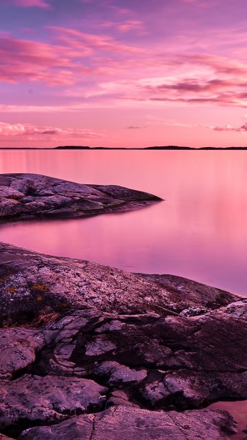 Sunset, Scenery, Lake, Rocks, Pink sky, 8K