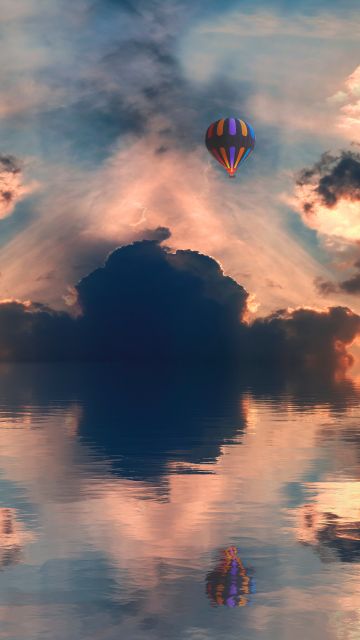 Hot air balloon, 8K, Sunset, Clouds, Seascape, Horizon, Reflections, 5K