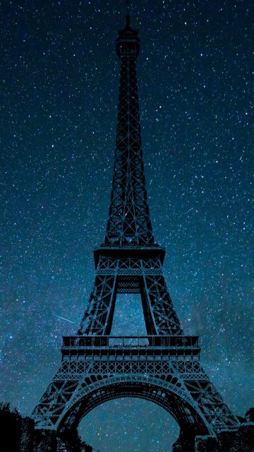 Eiffel Tower, Night, Paris, Silhouette, Starry sky, Blue Sky, 5K, France
