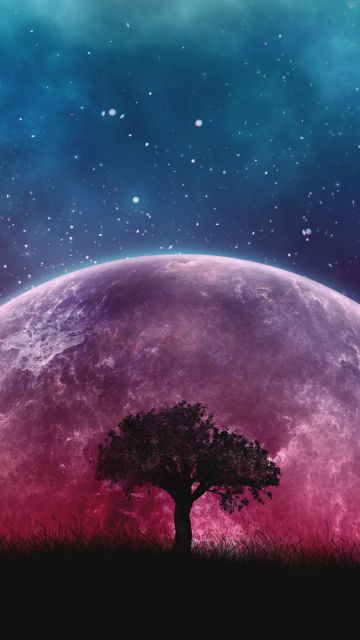 Lone tree, Planet, Surreal, Night, Silhouette, Starry sky, 5K
