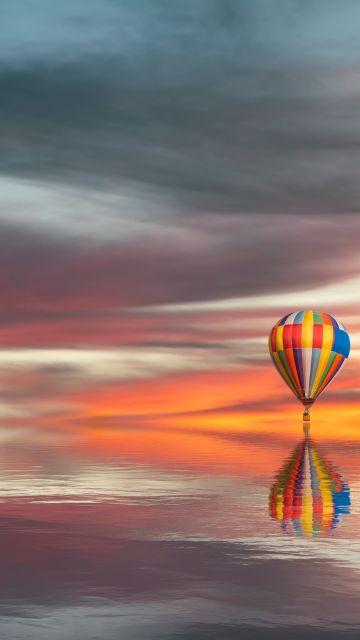 Hot air balloon, Reflection, Cloudy, Sunset, Lake, Scenic, 5K