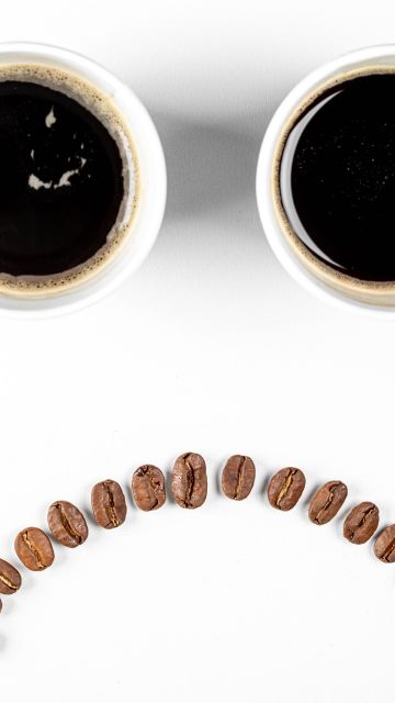 Sad day, Black Coffee, Coffee cups, Coffee beans, White background, Sad mood, Sad smiley, 5K