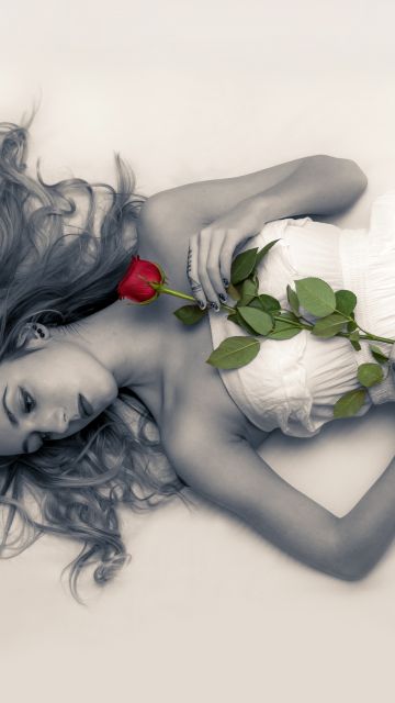 Sad girl, Lying down, Red Rose, Sad mood, Monochrome, 5K, Black and White