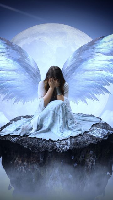 Sad girl, Fairy, Angel wings, Eyes closed, Moon, Clouds, Surreal, Above clouds, Sad woman, 