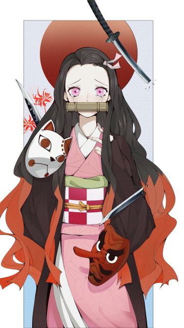 Nezuko Kamado, Warding Mask, Demon Slayer: Kimetsu no Yaiba, 5K, White background