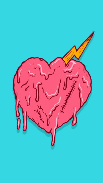 Drippy heart, Melting heart, Pink Heart, Turquoise background, Simple