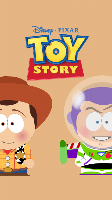 South Park style, Toy Story, Woody, Buzz Lightyear, Pastel background, 5K, 8K, 10K