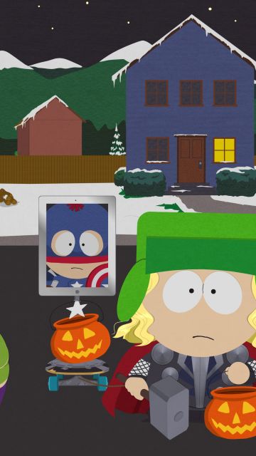 South Park style, South Park Halloween, Stan Marsh as Captain America, Kyle Broflovski as Thor, Eric Cartman as Hulk, Iron Man, Marvel Superheroes