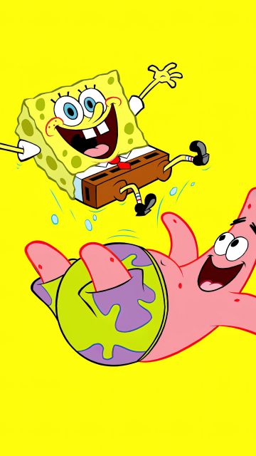 SpongeBob, Patrick Star, SpongeBob SquarePants, Yellow background, Cartoon, 5K