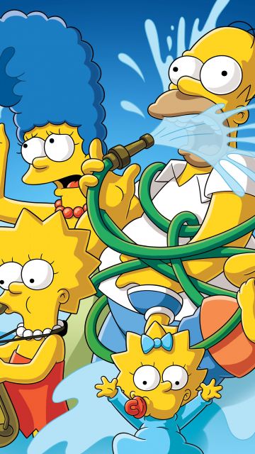 The Simpsons, Homer Simpson, Marge Simpson, Bart Simpson, Lisa Simpson, Maggie Simpson, Simpson family, Blue background