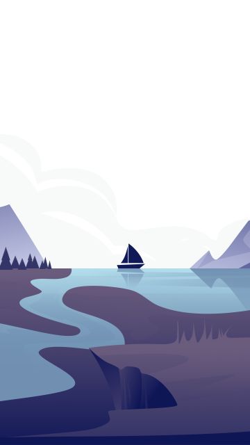 Sailing boat, River, Mountains, Minimal art, Landscape, Illustration, 5K, 8K